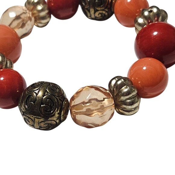 Handcrafted Beaded Stretch Bracelet Orange Beads Retro 60s 70s Fashion Jewelry - Picture 2 of 3
